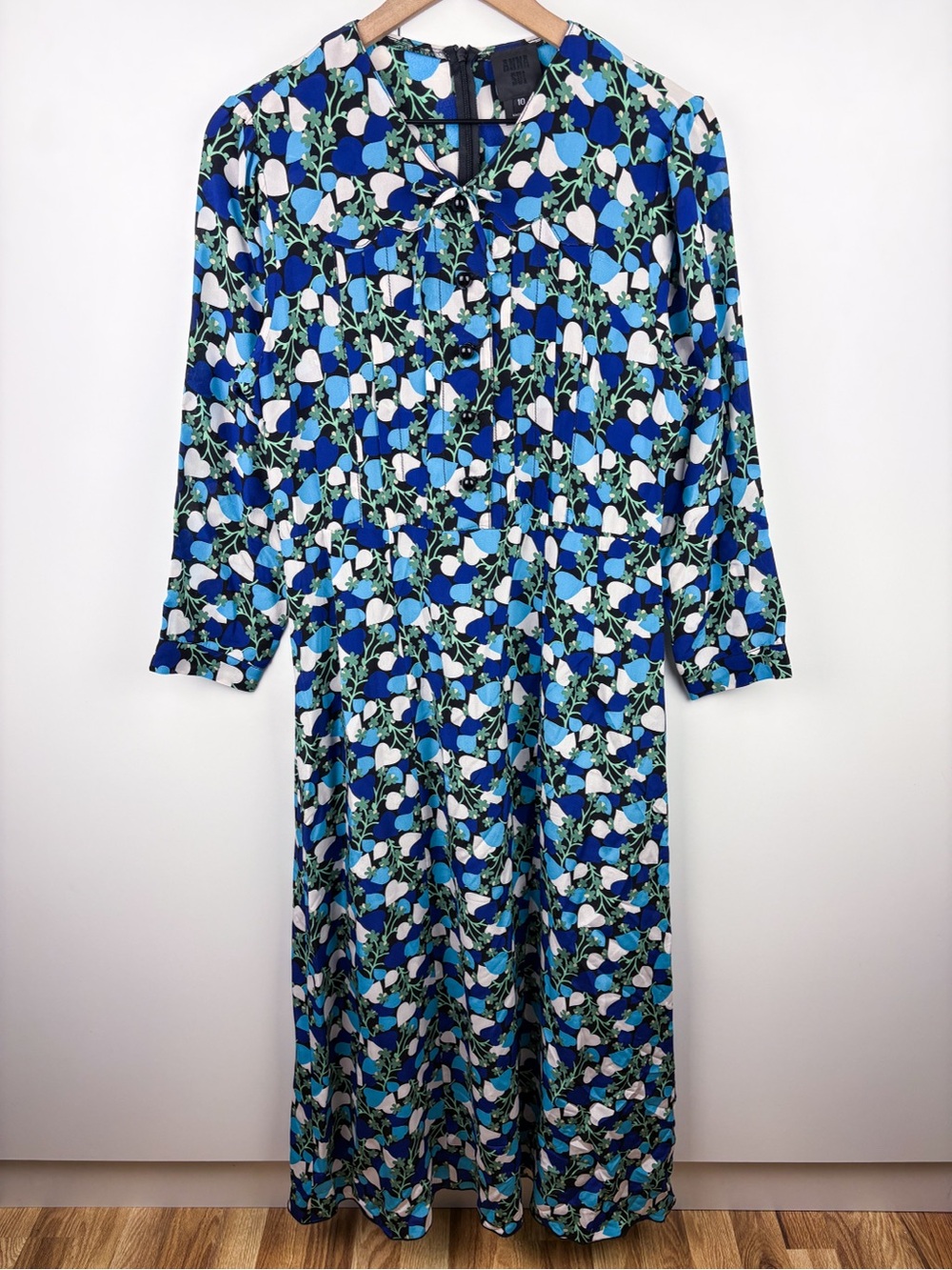 Anna Sui 100% Silk Crepe Blooming Hearts Blue Floral Long Sleeve Maxi Dress 10